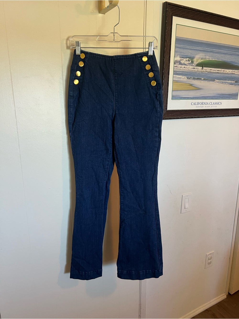 INC International Concepts Navy Flare Jeans with Gold Buttons